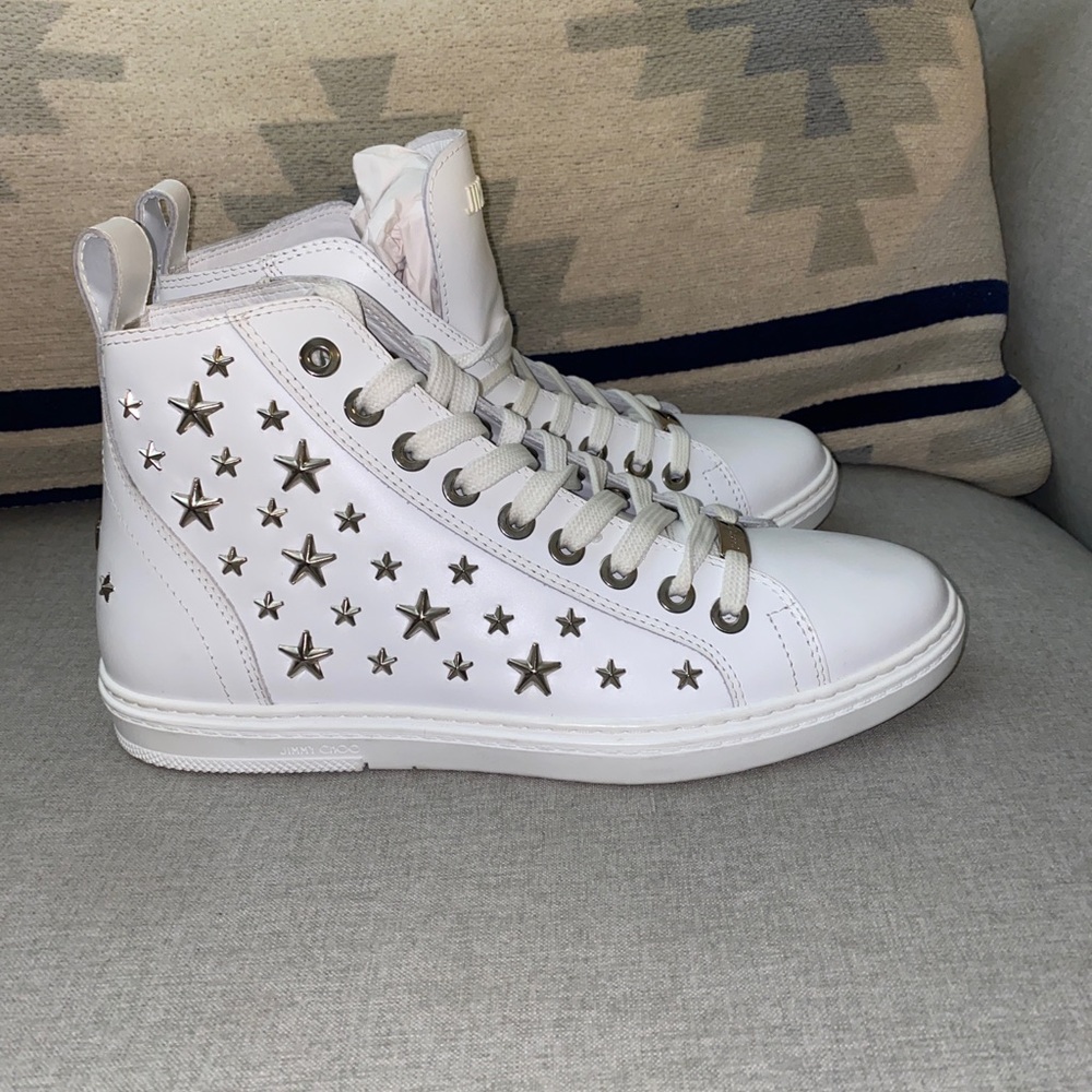 FINAL SALE Jimmy Choo colt studded star mid top WHITE sneakers logo NWT 44/11 - Picture 3 of 10